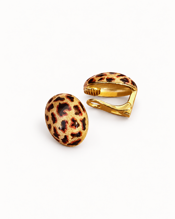 Front and open clip-back views of oval leopard enamel earrings.