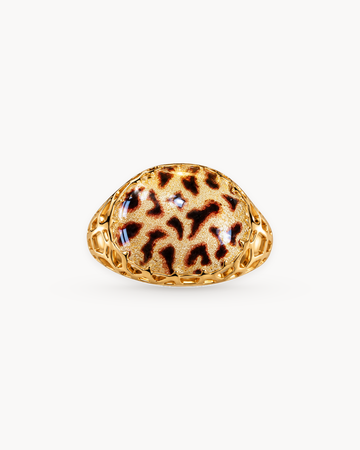 Theiaura Leopard Dome Ring, front view showing the leopard enamel dome and open lattice gold shoulders.