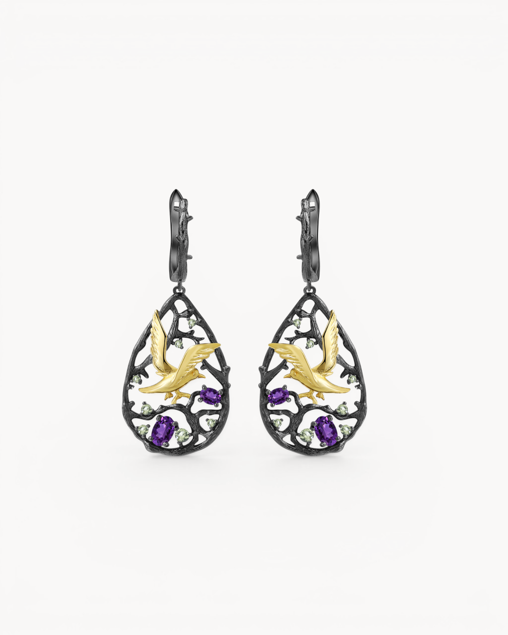 Theiaura Birdsong Garden Drop Earrings with natural amethyst