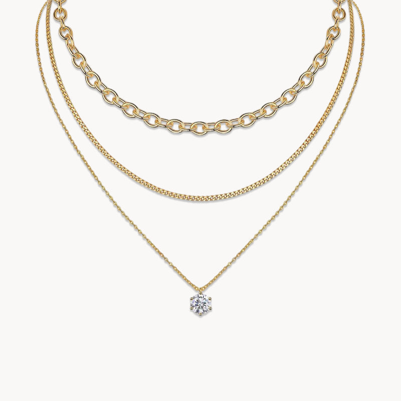 Theiaura 6-prong Round Moissanite and Mixed Chain Necklace Set - THEIAURA&CO.