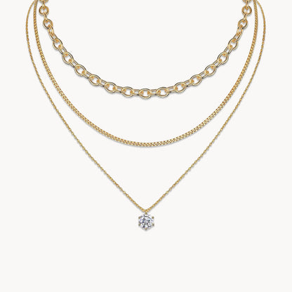 Theiaura 6-prong Round Moissanite and Mixed Chain Necklace Set - THEIAURA&CO.