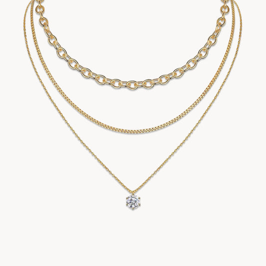 Theiaura 6-prong Round Moissanite and Mixed Chain Necklace Set - THEIAURA&CO.