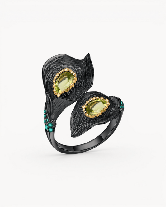 Theiaura Calla Bloom Ring in Natural Peridot on white background