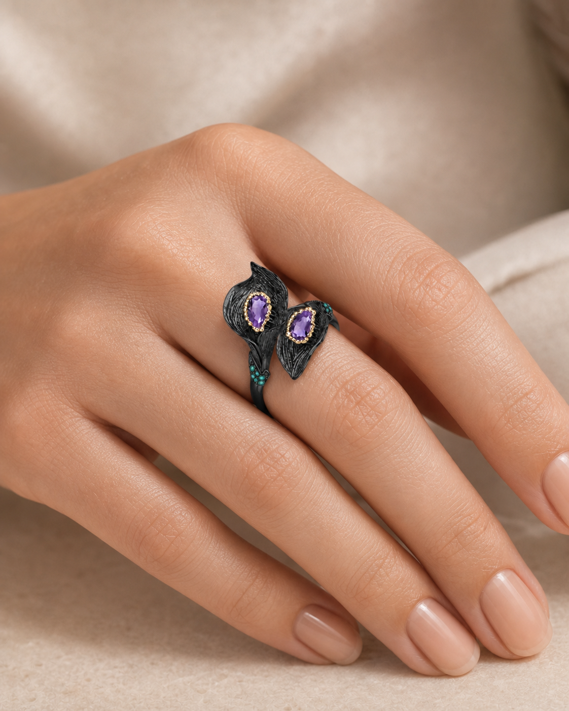 Theiaura Calla Bloom Ring in Natural Amethyst worn on one finger