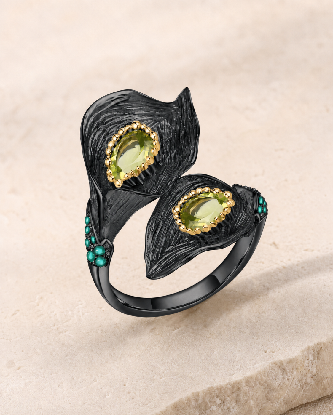 Theiaura Calla Bloom Ring in Natural Peridot on ivory stone