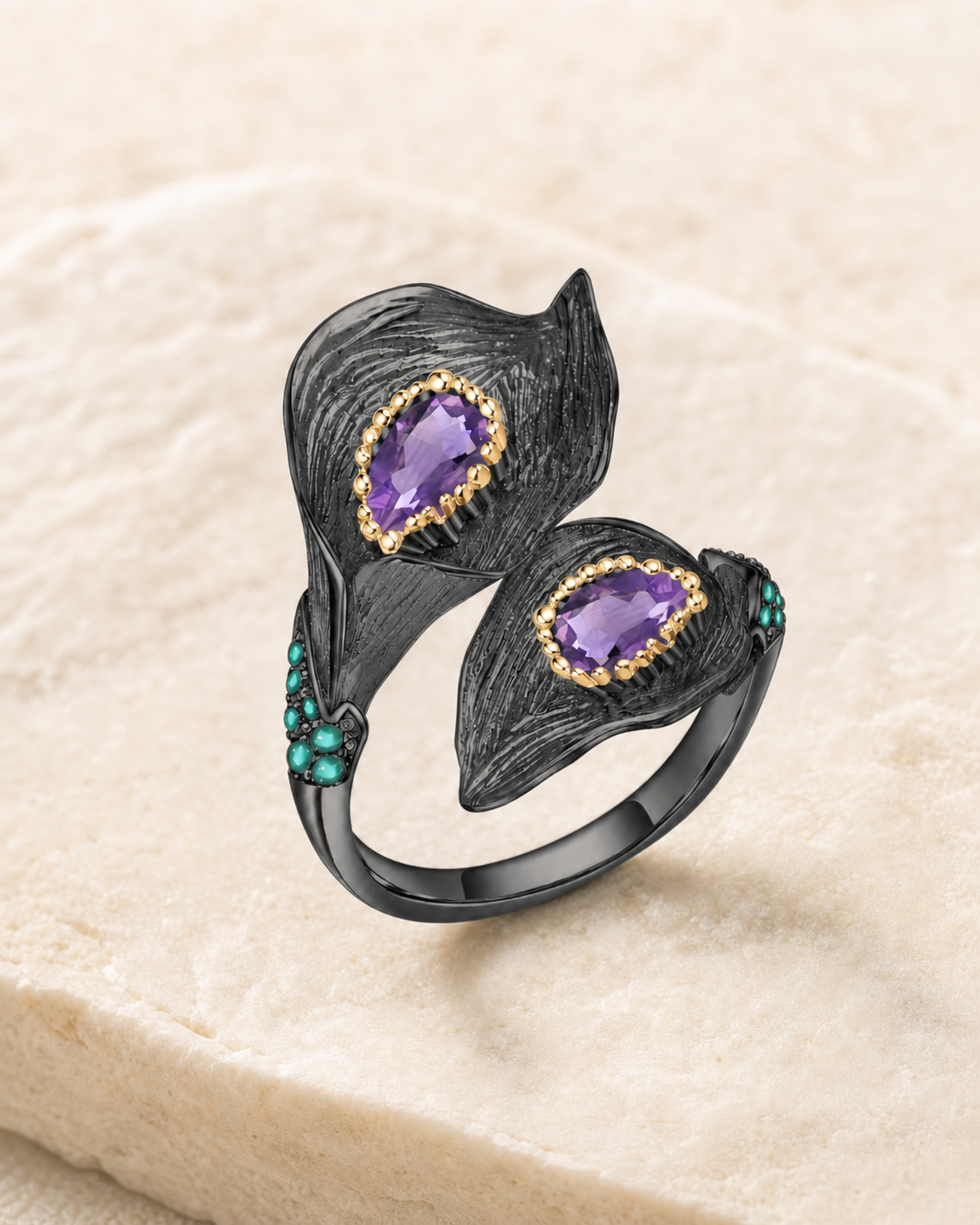 Theiaura Calla Bloom Ring in Natural Amethyst on ivory stone