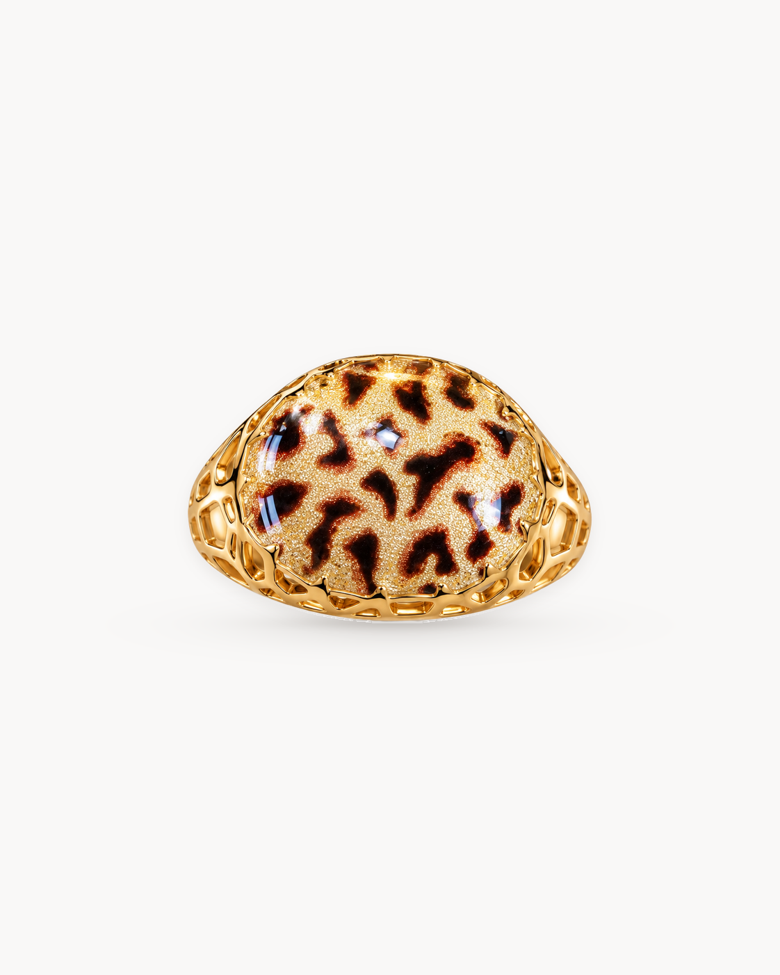 Theiaura Leopard Dome Ring, front view showing the leopard enamel dome and open lattice gold shoulders.