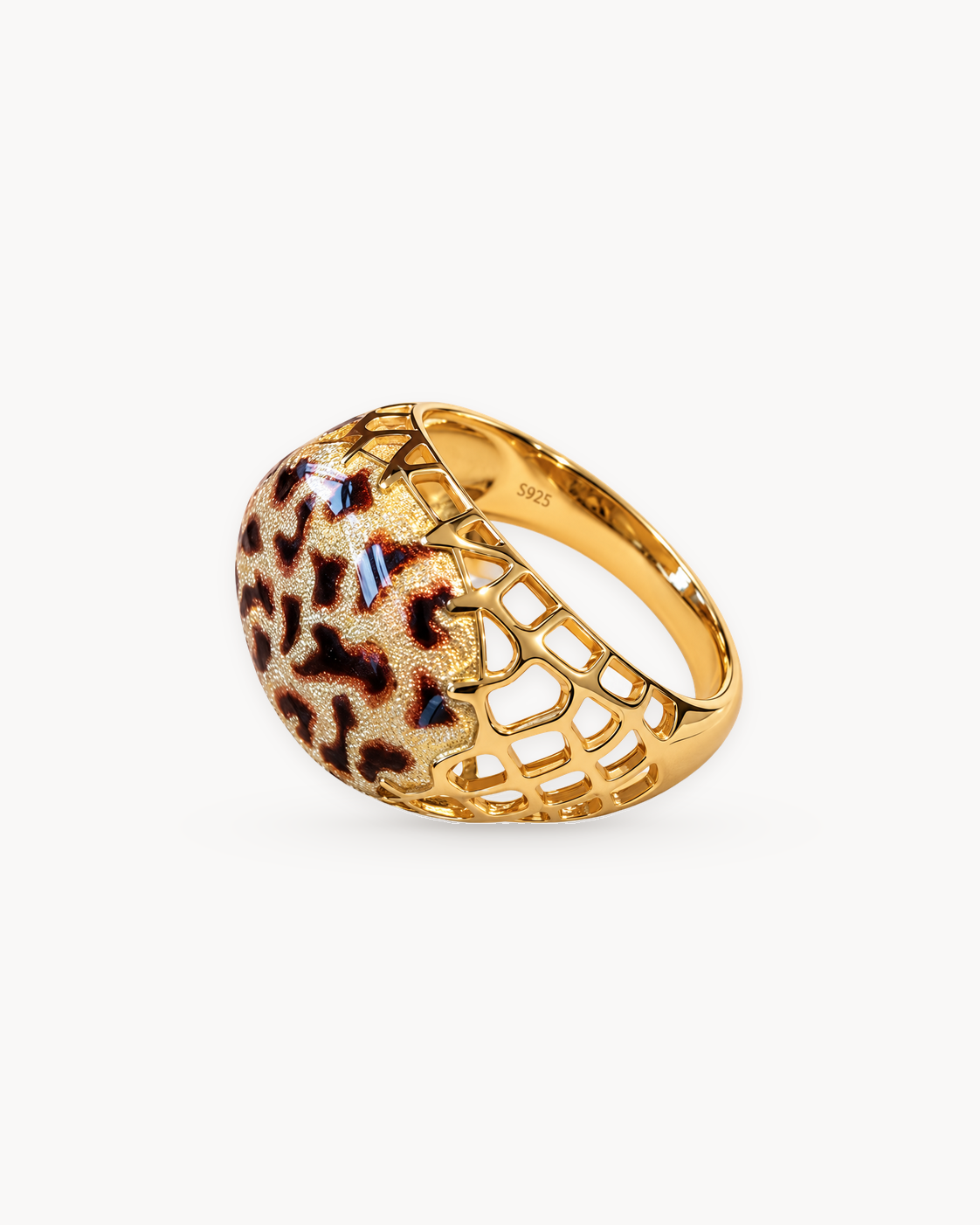 Theiaura Leopard Dome Ring, side view showing the glossy leopard enamel face, open lattice shoulder and continuous gold band.