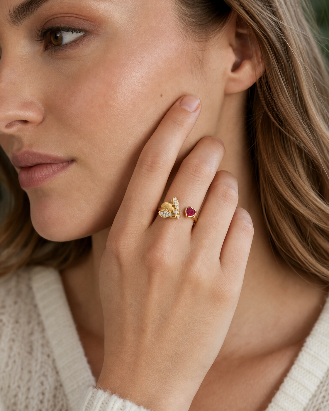 Theiaura Meliora Bee Open Ring in Gold worn on hand