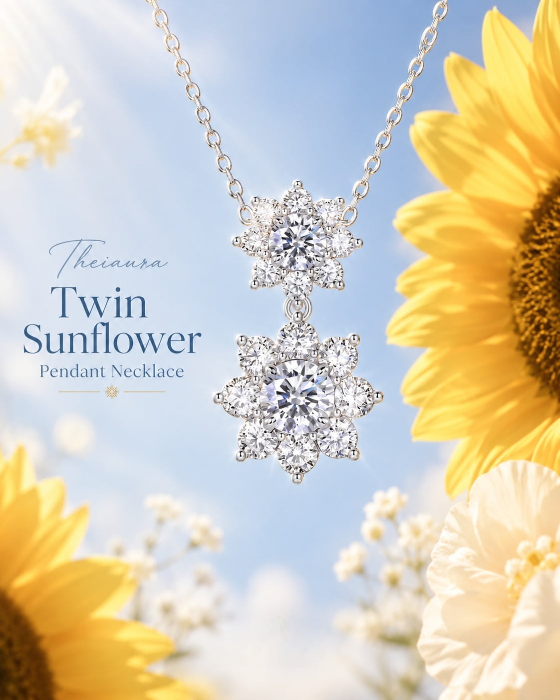 Theiaura Twin Sunflower Moissanite Pendant Necklace - THEIAURA & CO.