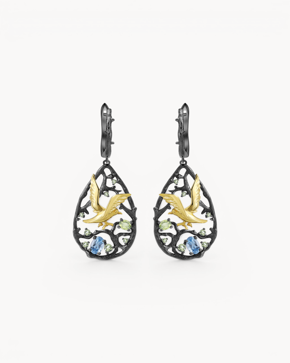 Theiaura Birdsong Garden Drop Earrings with natural topaz and peridot