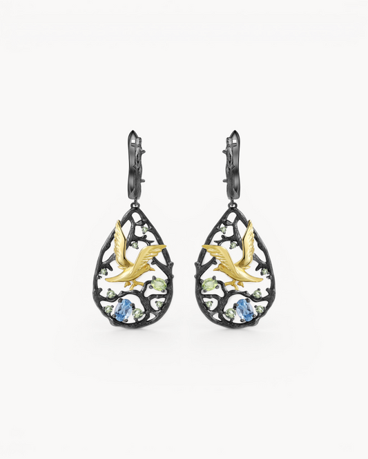 Theiaura Birdsong Garden Drop Earrings with natural topaz and peridot