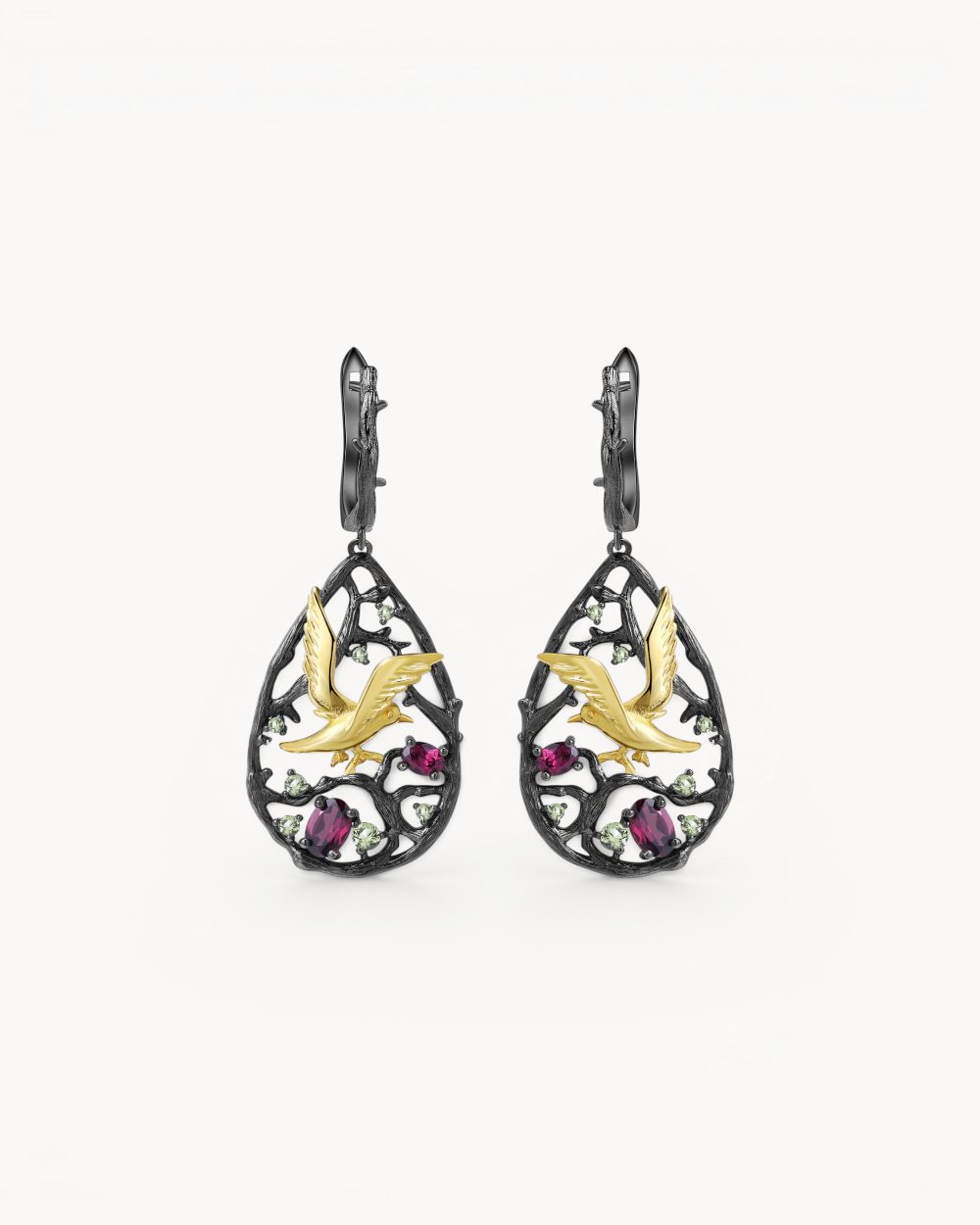 Theiaura Birdsong Garden Drop Earrings with natural rhodolite garnet and peridot