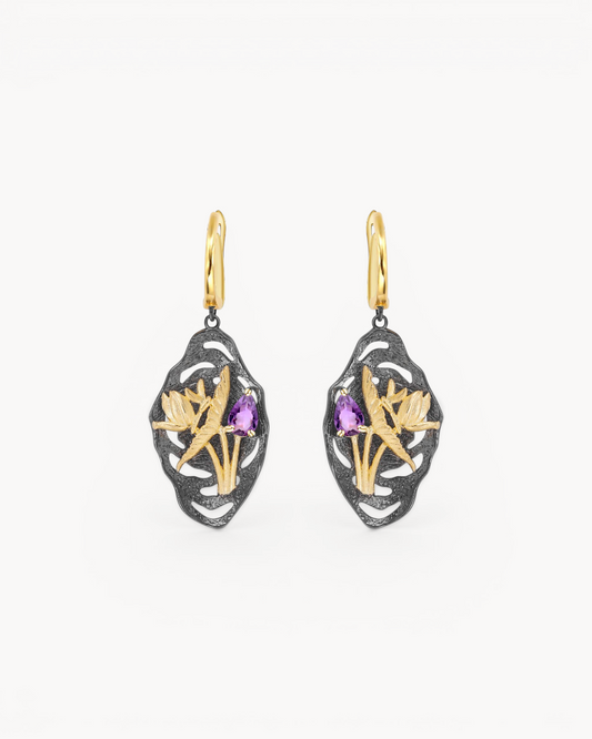 Theiaura Midnight Bloom Drop Earrings with natural amethyst