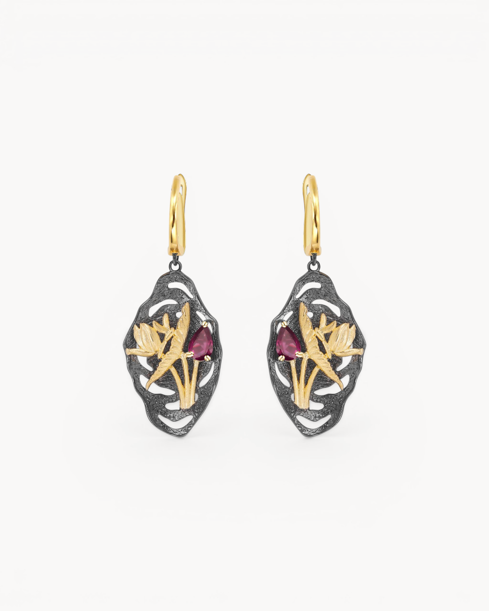 Theiaura Midnight Bloom Drop Earrings with natural rhodolite garnet