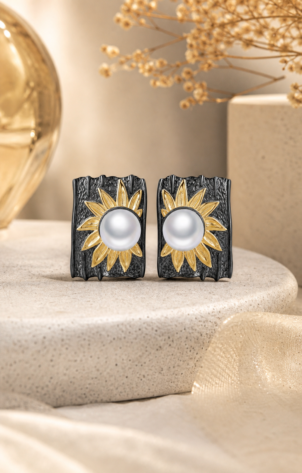 Theiaura Midnight Sunflower Pearl Drop Earrings in a contemporary jewelry scene
