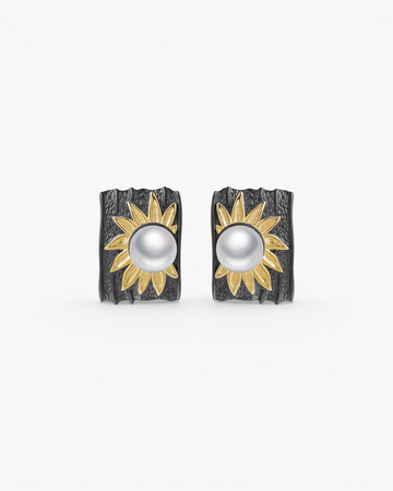 Theiaura Midnight Sunflower Pearl Drop Earrings with freshwater pearls