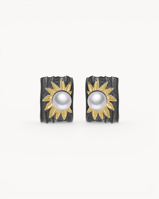 Theiaura Midnight Sunflower Pearl Drop Earrings with freshwater pearls