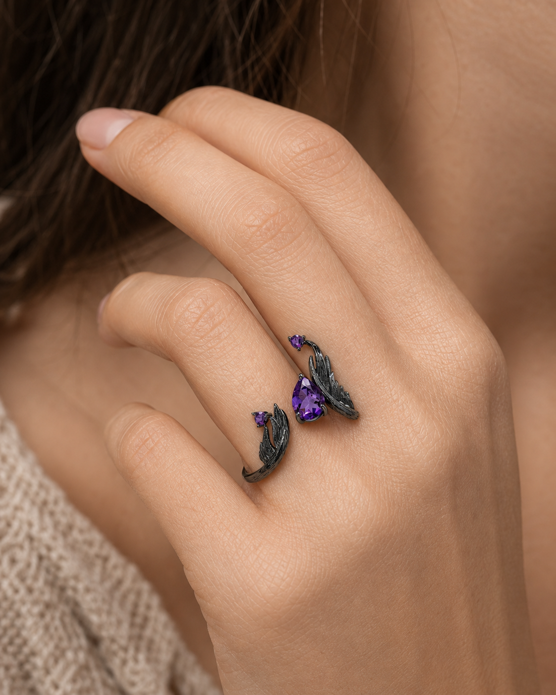 Theiaura Nightwing Amethyst Open Ring worn by a woman