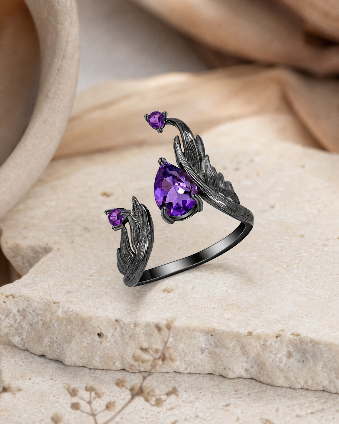 Theiaura Nightwing Amethyst Open Ring in a contemporary jewelry scene