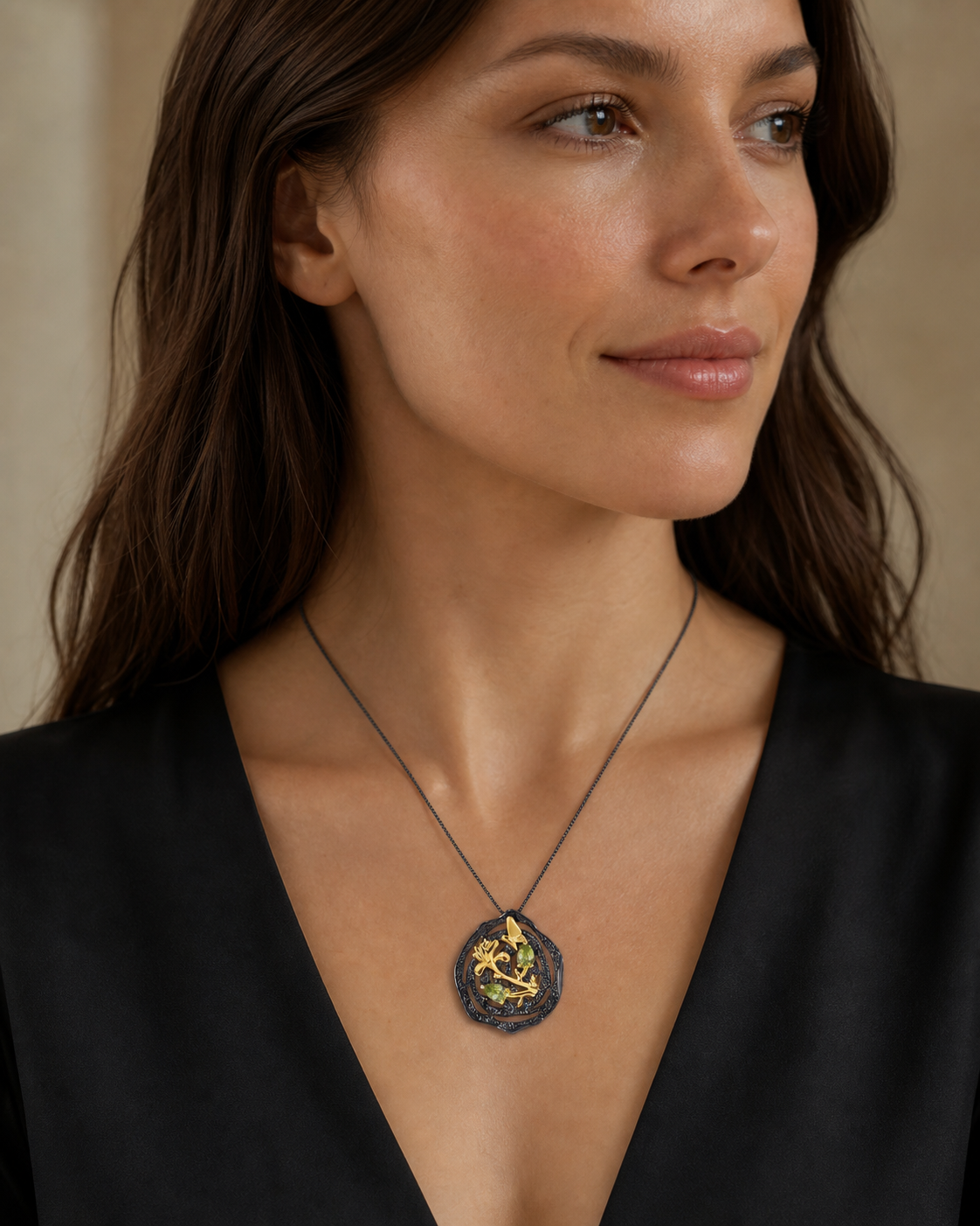 Theiaura Nocturne Aviary Pendant Necklace worn by a woman