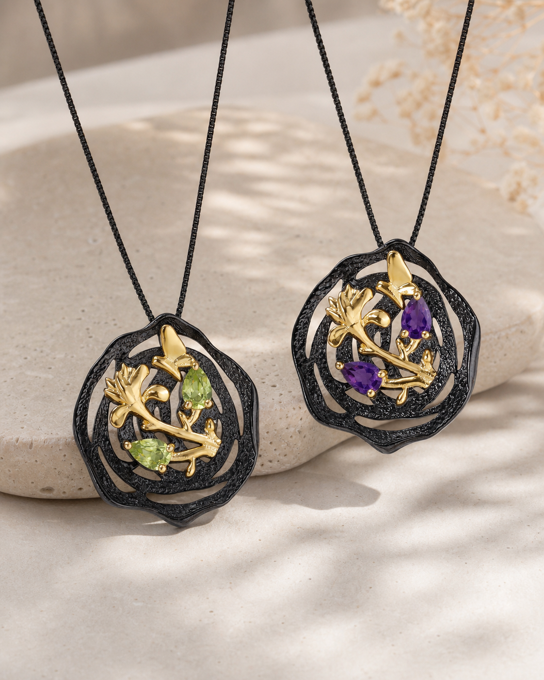 Theiaura Nocturne Aviary Pendant Necklaces in peridot and amethyst