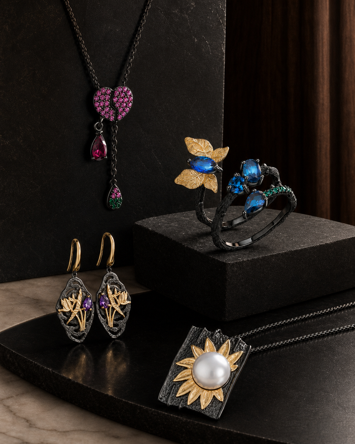 Theiaura Nocturne Collection black rhodium jewelry with gemstones and pearl
