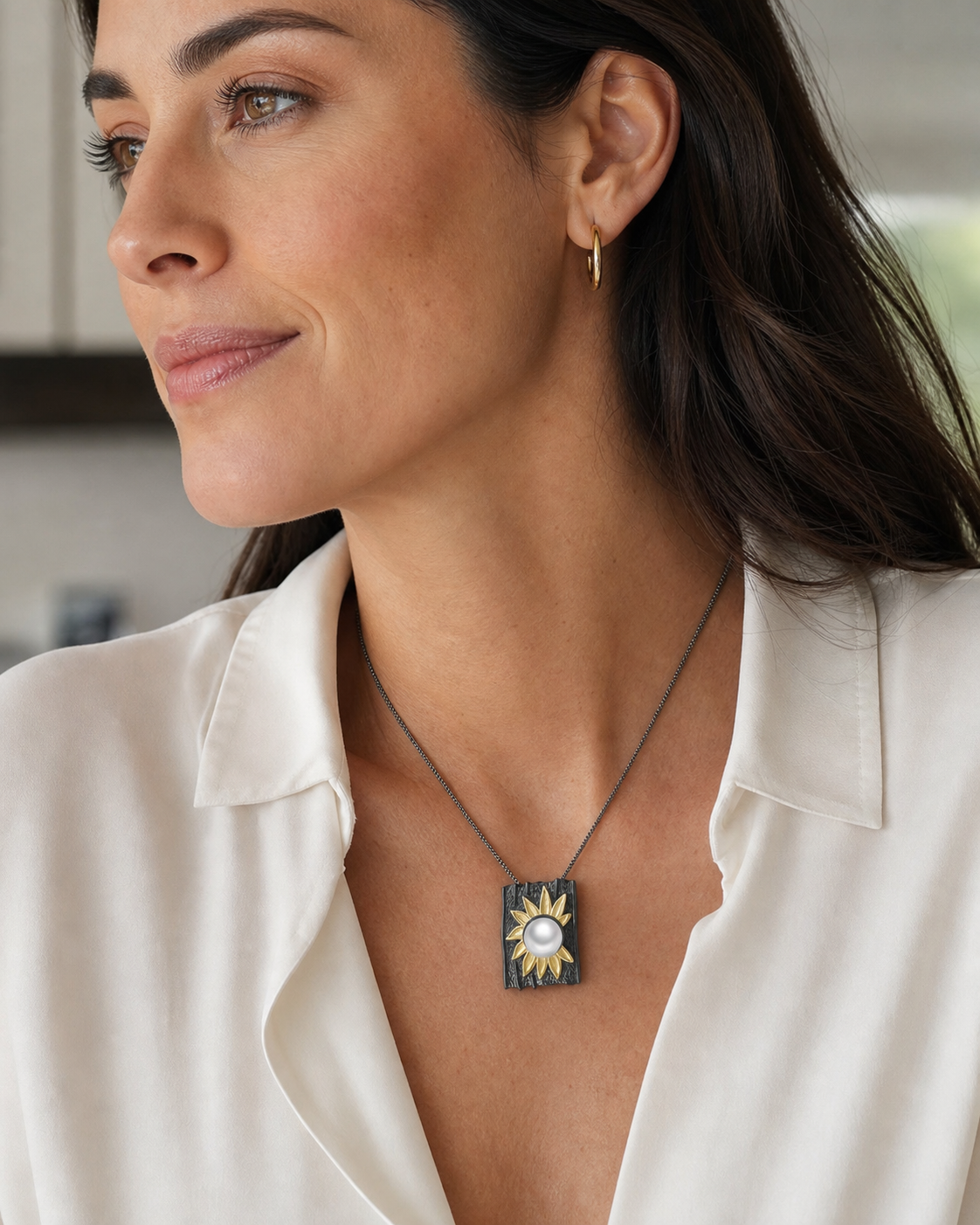 Theiaura Solar Bloom Pearl Pendant Necklace worn by a woman