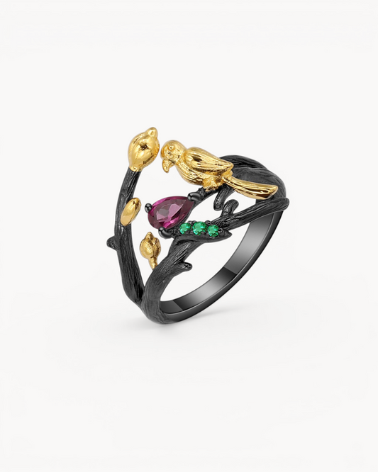Theiaura Songbird Garden Open Ring with natural rhodolite garnet in black