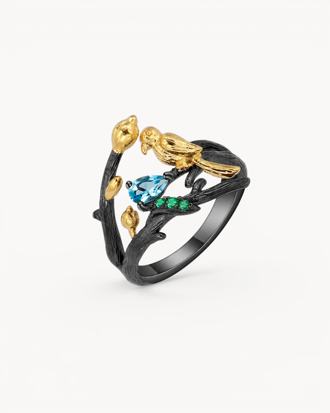Theiaura Songbird Garden Open Ring with natural Swiss blue topaz in a two-tone finish