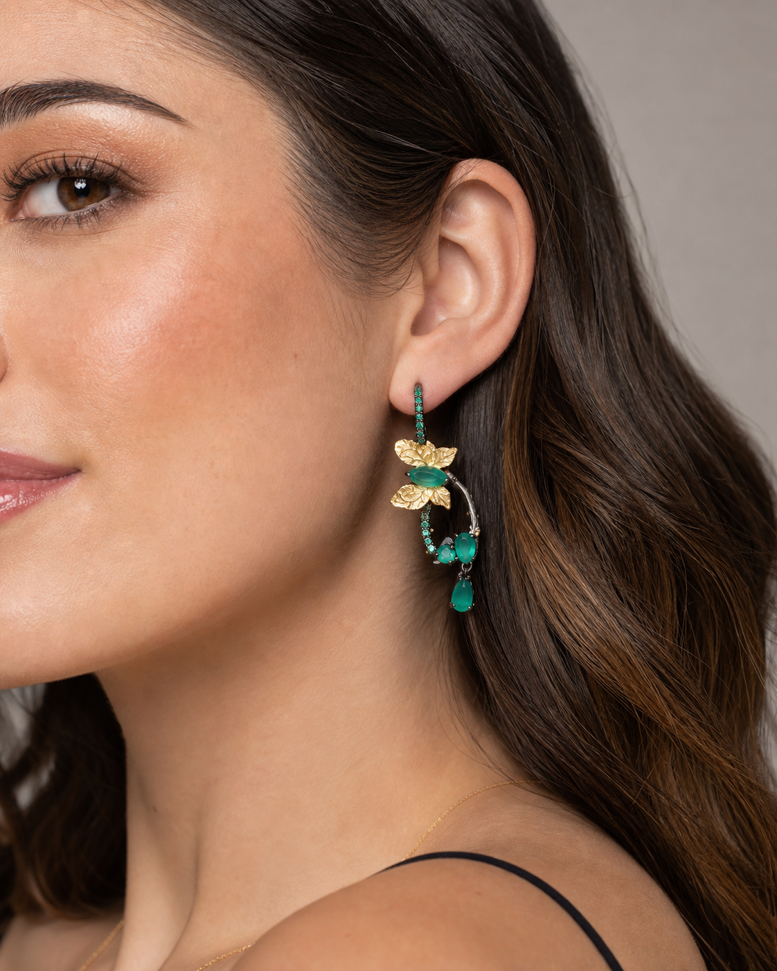Theiaura Verdant Butterfly Drop Earrings worn by a woman